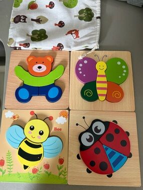 Wooden Kids Puzzle Set - Colorful Bear, Butterfly, Bee & Ladybug